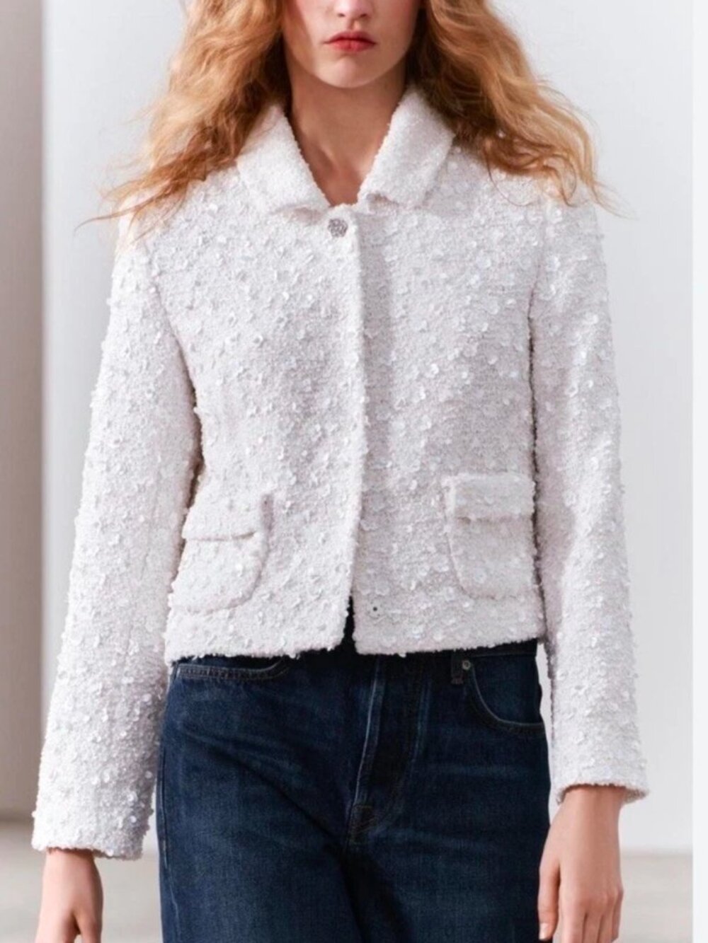 ZARA White Sequin Tweed Cropped  Blazer Jacket SZ S 2883/160 Bloggers Favorite